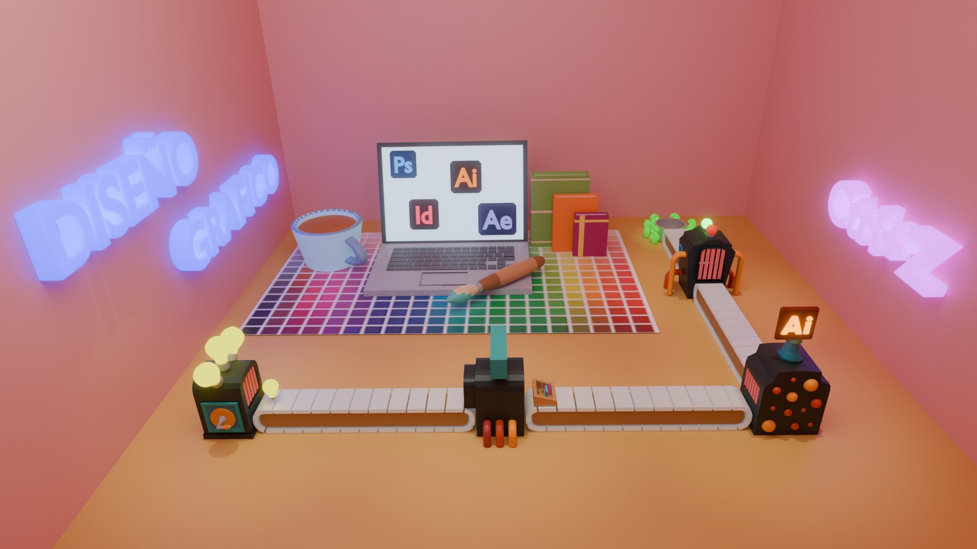 Escenario 3D con temática de diseño gráfico